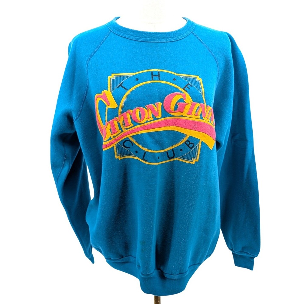 Vintage Cotton Ginny Club Sweatshirt L Blue Graphic Raglan Crewneck Made Canada